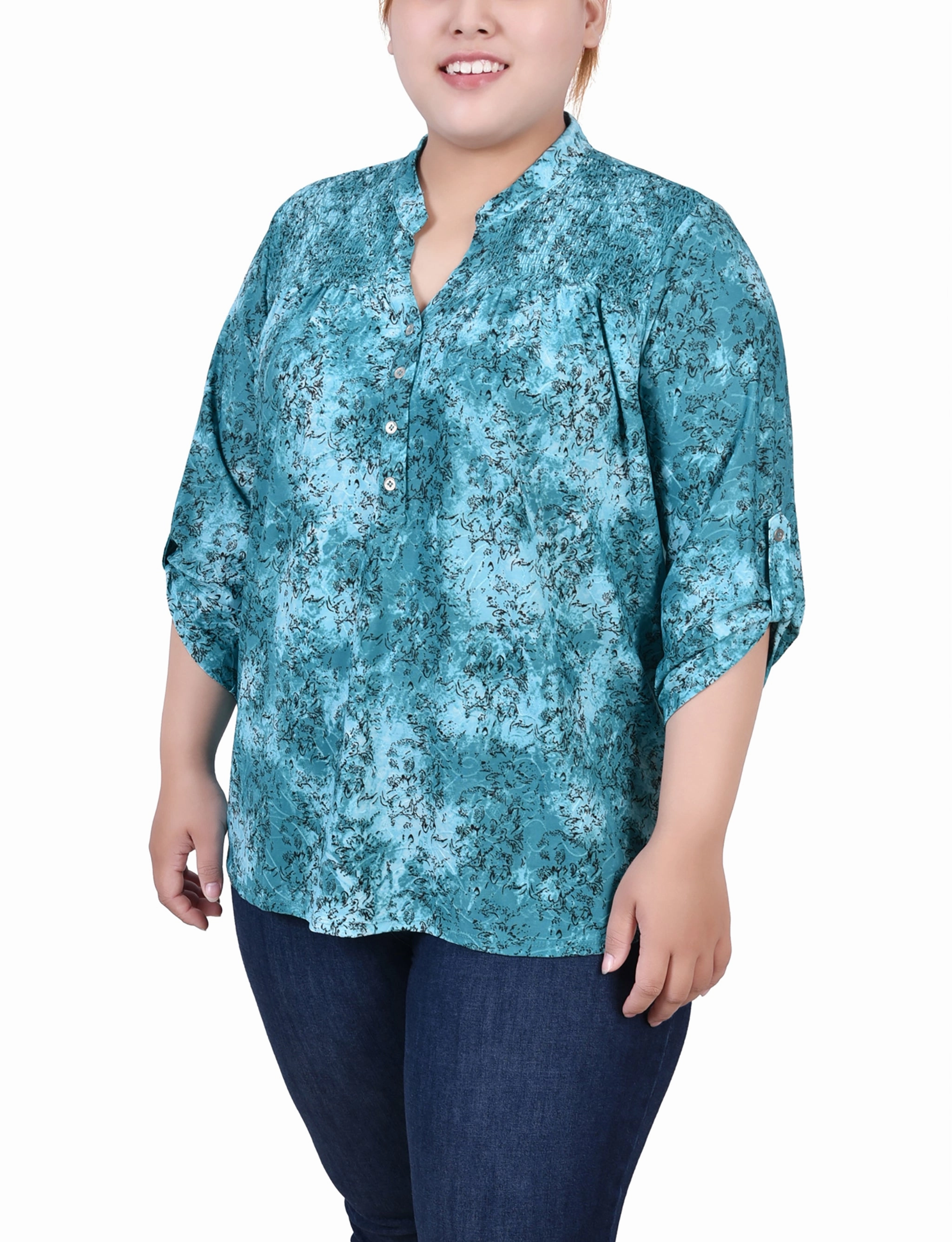 Plus Size 3/4 Roll Tab Sleeve Smocked-Yoke Top Minimal Mood