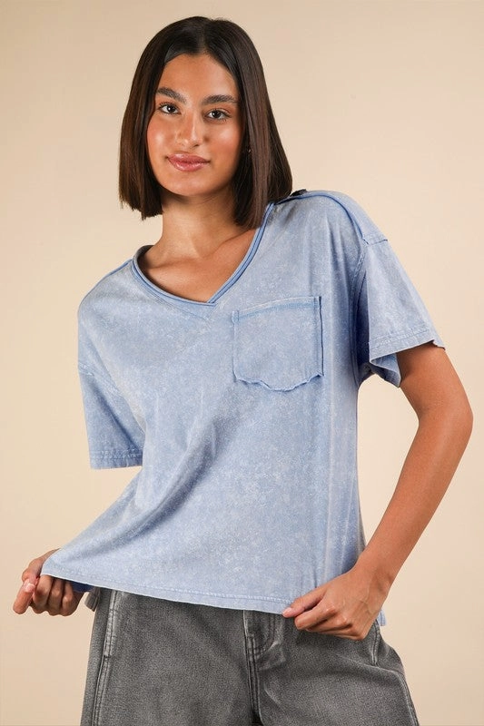 Abby Mineral Washed V-neck Knit Top Tagless Comfort