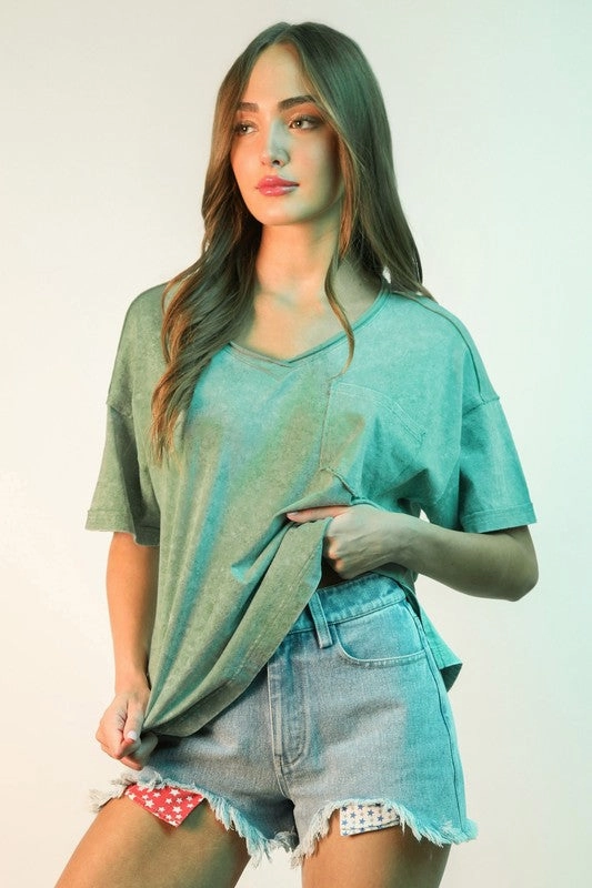 Abby Mineral Washed V-neck Knit Top Knit Fabric Technology StretchableKnit