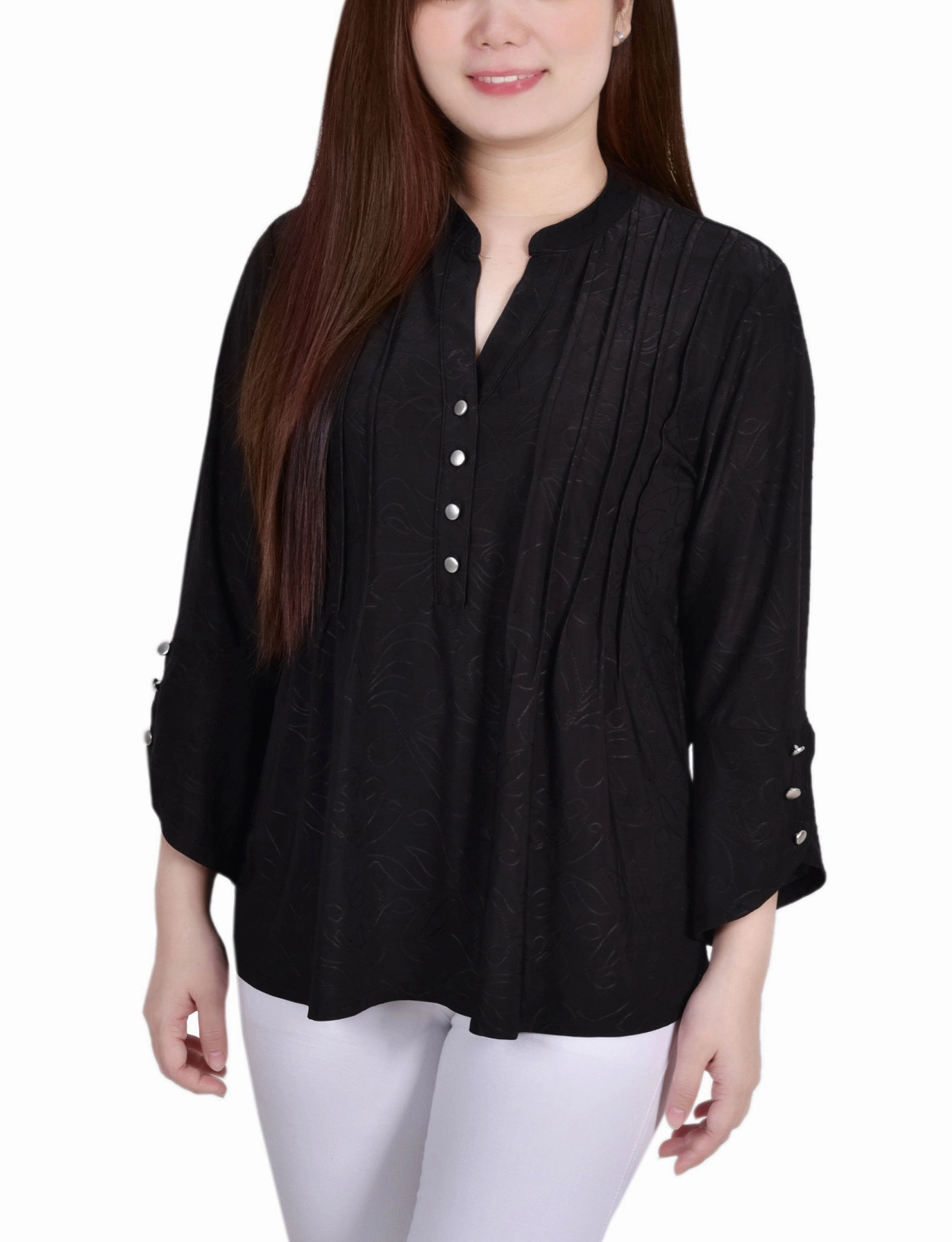 Petite 3/4 Sleeve Overlapped Bell Sleeve Y Neck Top Fashion Statement High Neckline