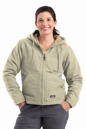 Berne Sand 100% Cotton Womens Softstone Hooded Coat Sherpa Reversible Layer QuickDryMaterial