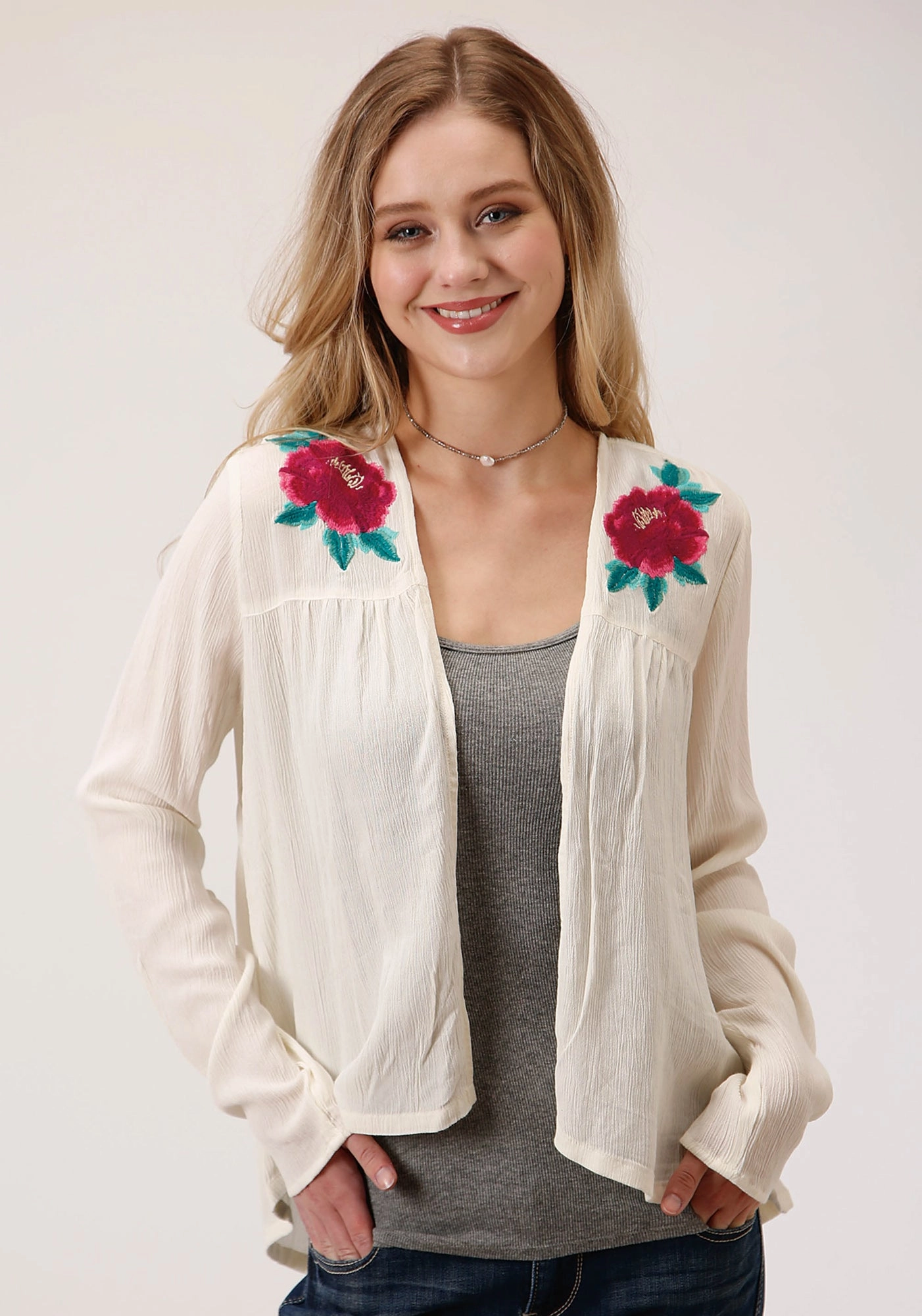 Roper Womens Cream Rayon/Nylon Floral Embroidery Cardigan Faux Fur Collar Classic Look