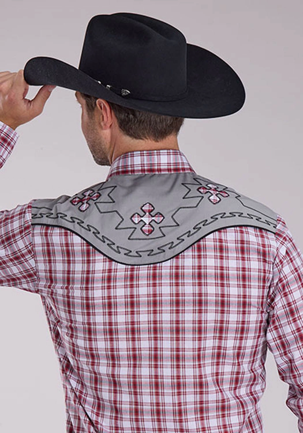 Lounge Wear Clean Edge Trim Roper Mens 2485 Southwestern Cross Red/Grey Cotton Blend L/S Shirt