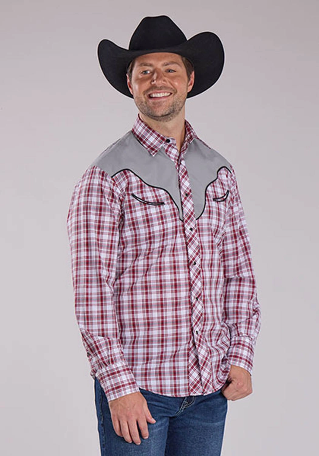 Button front Roper Mens 2485 Southwestern Cross Red/Grey Cotton Blend L/S Shirt