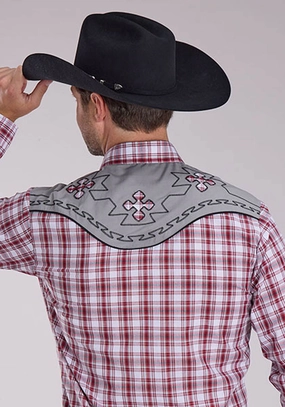 Lounge Wear Clean Edge Trim Roper Mens 2485 Southwestern Cross Red/Grey Cotton Blend L/S Shirt