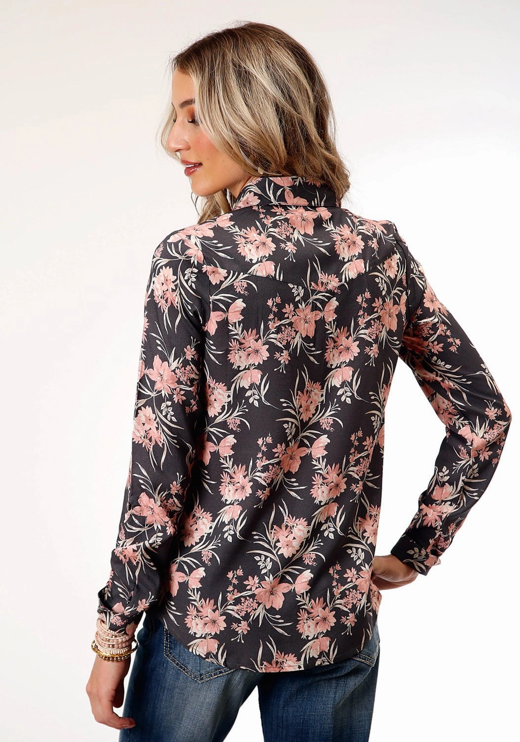 Flexible Shoulder Panels Casual Friday Roper Womens Coral Floral Grey Rayon/Nylon L/S Blouse