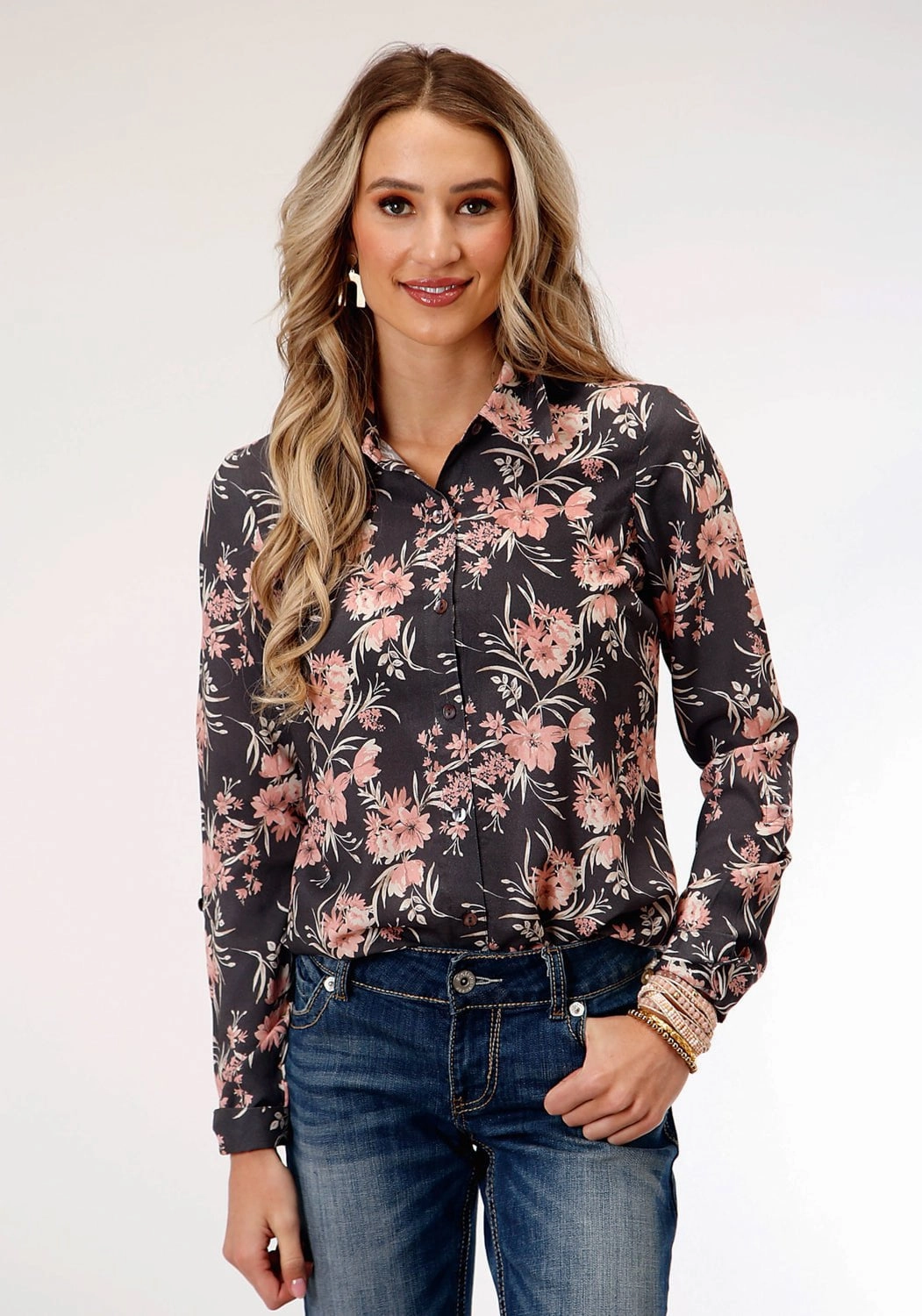 Roper Womens Coral Floral Grey Rayon/Nylon L/S Blouse Seasonal Trend