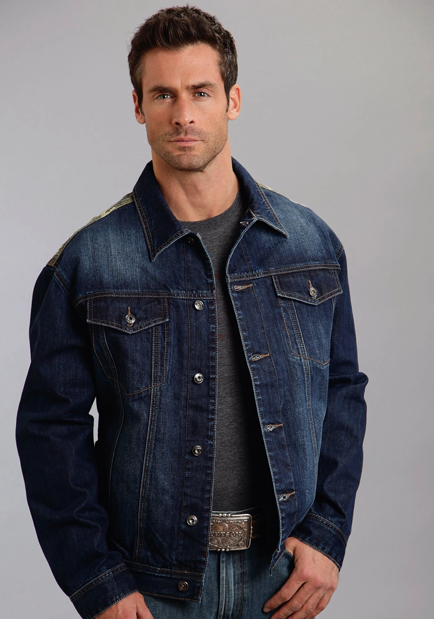 Stetson Mens Camo Back Yoke Blue 100% Cotton Jacket Tailored Cut Refined Style