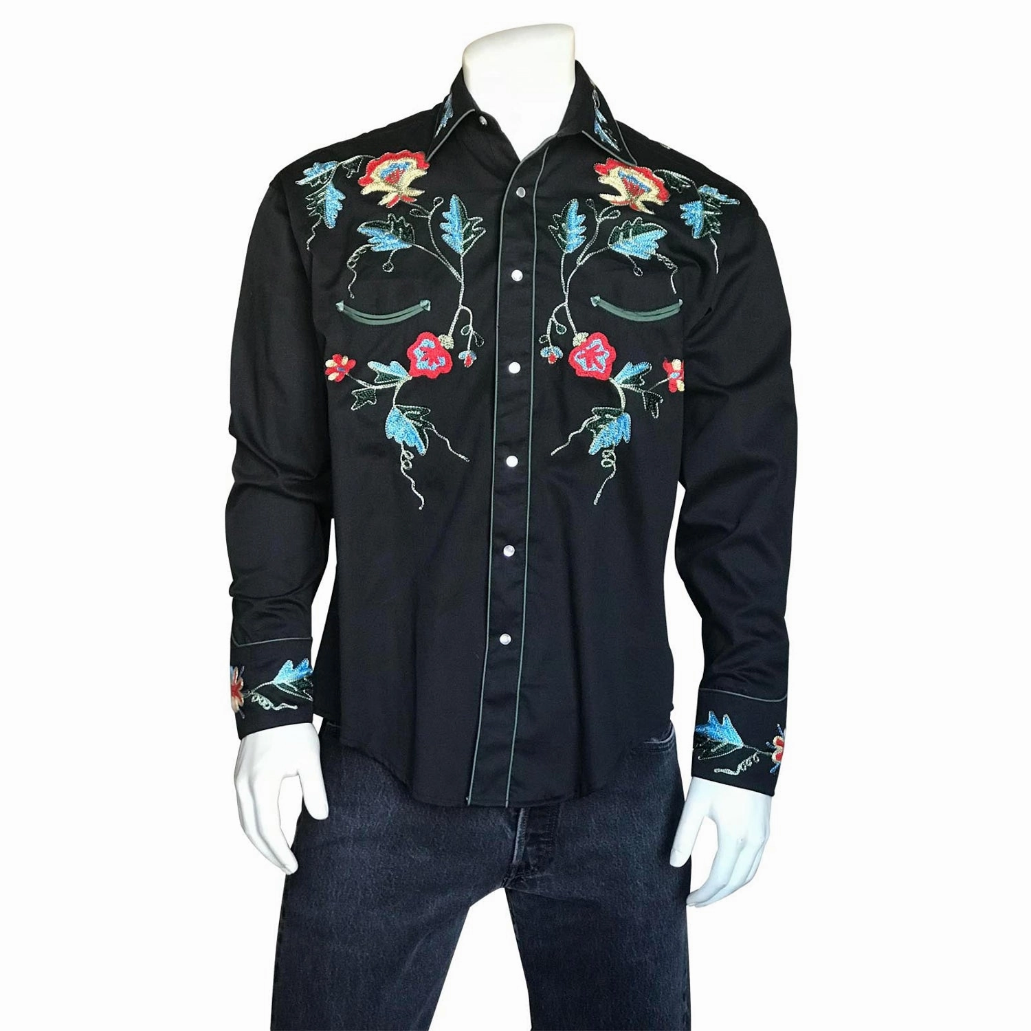 Graphic Art Wardrobe Staple Rockmount Mens Black 100% Cotton Floral Embroidery L/S Shirt