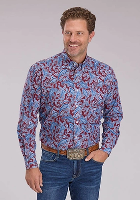 Roper Mens 2496 Heritage Paisley Wine/Blue 100% Cotton 1 Pkt L/S Shirt Party Ready