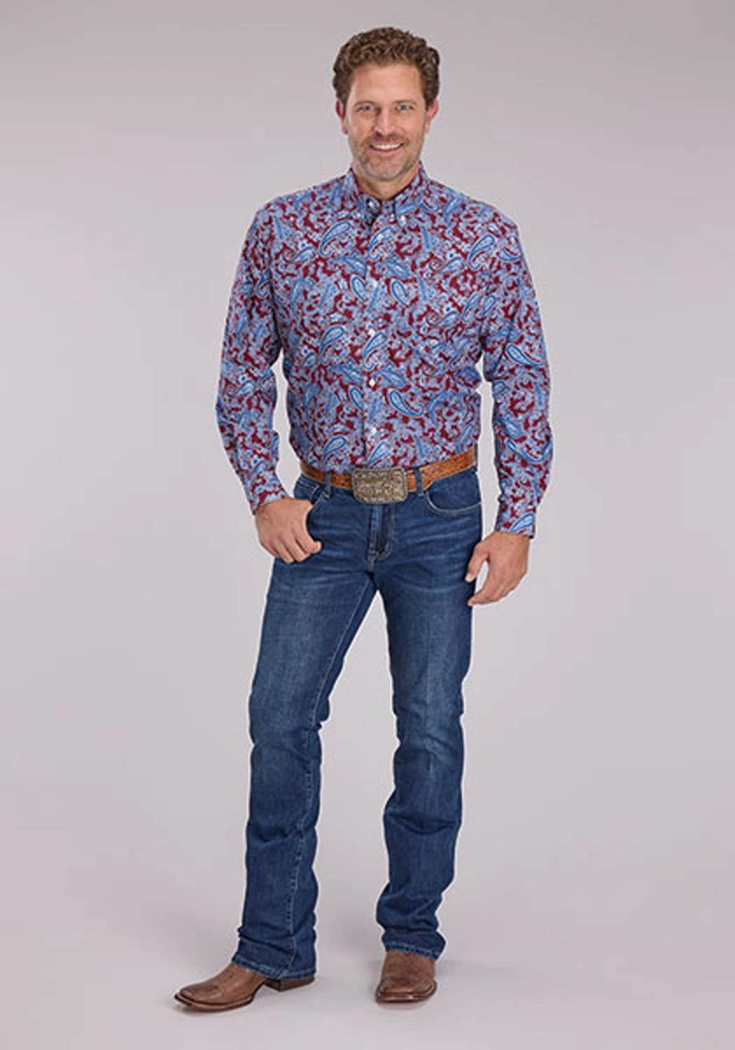 Roper Mens 2496 Heritage Paisley Wine/Blue 100% Cotton 1 Pkt L/S Shirt Layering Essential