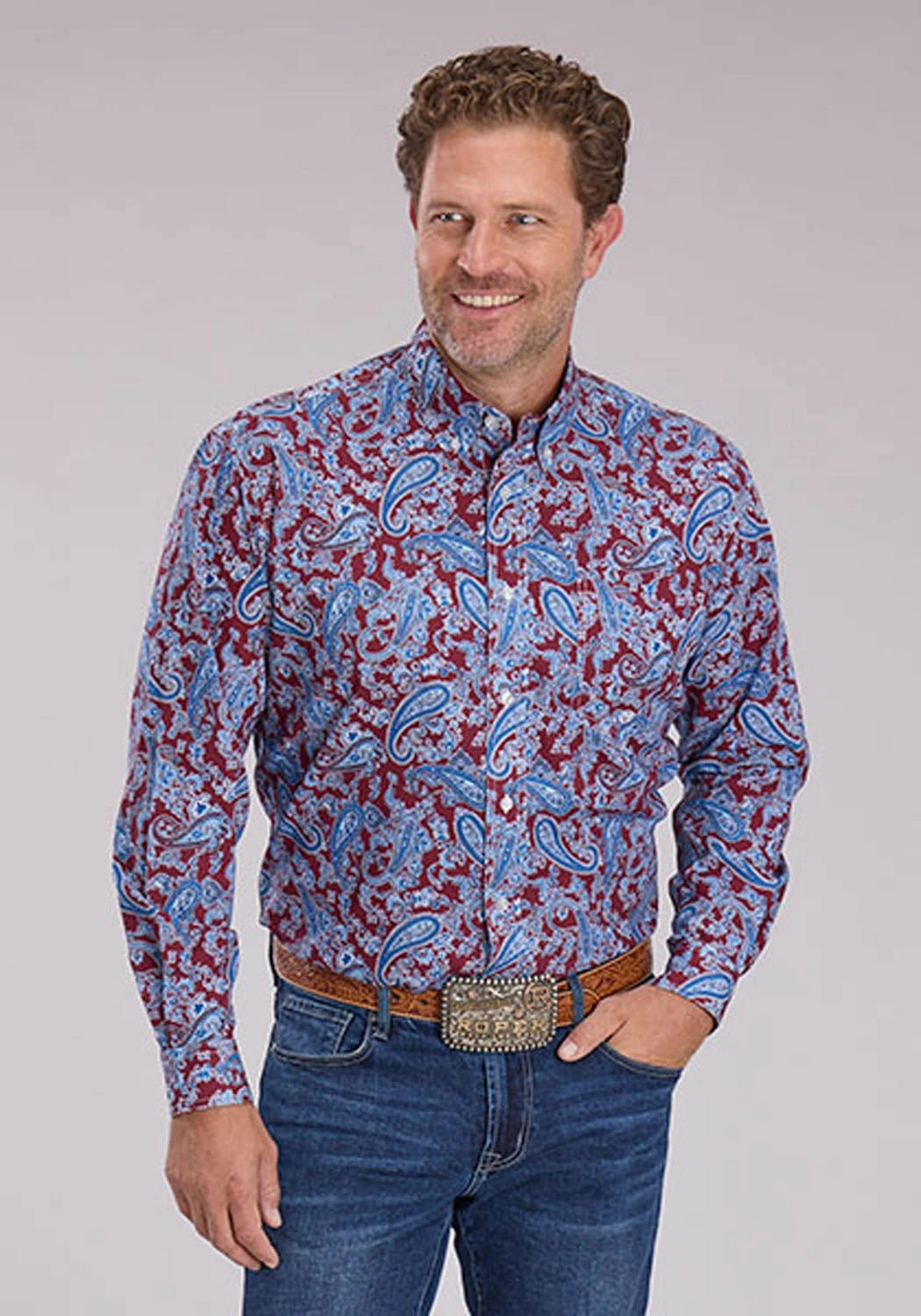 Roper Mens 2496 Heritage Paisley Wine/Blue 100% Cotton 1 Pkt L/S Shirt Indoor Comfort