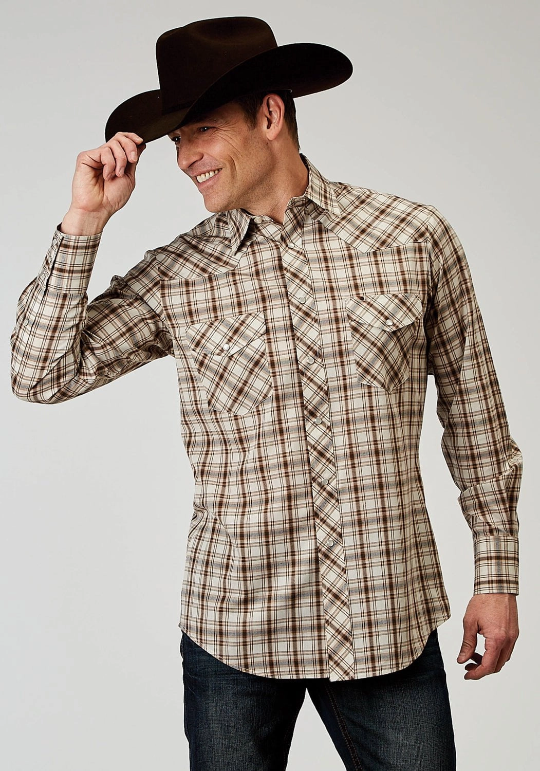 Roper Mens 1968 Desert Plaid Brown Cotton Blend L/S Shirt Standalone Option