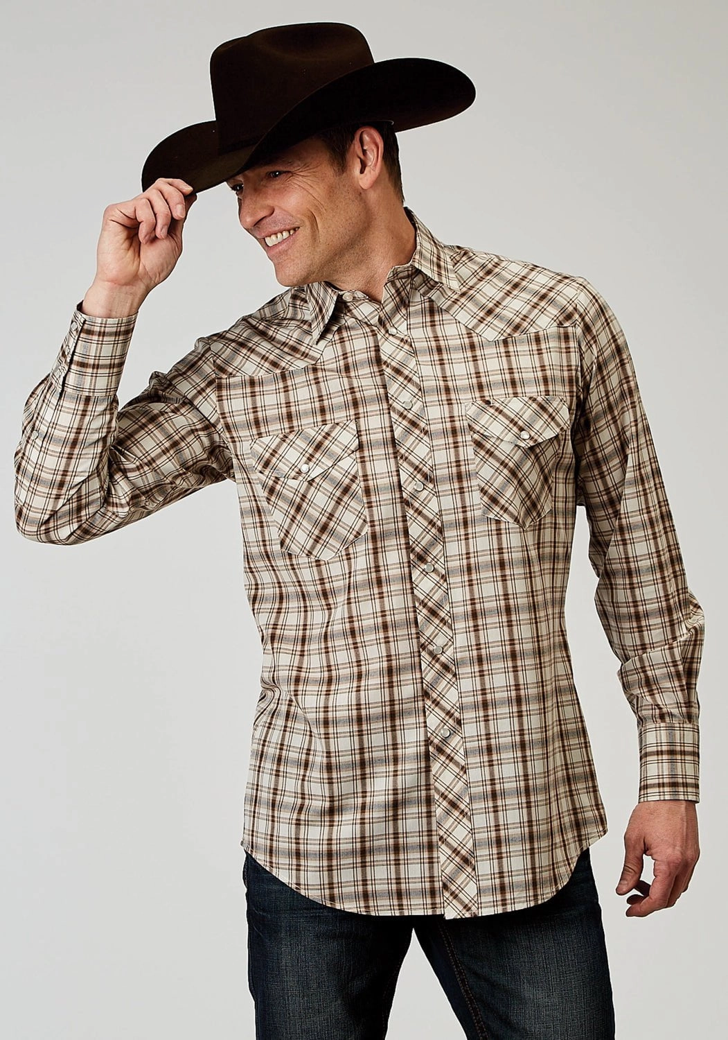 Roper Mens 1968 Desert Plaid Brown Cotton Blend L/S Shirt Snug feel Creative Professional