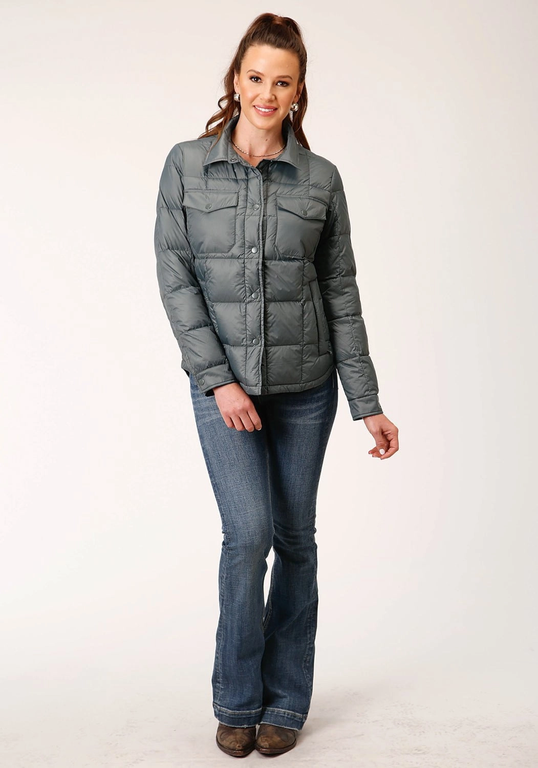 Roper Womens Crushable Down Silver Sage 100% Nylon Softshell Jacket Wrinkle Free Fabric Friction Resistant
