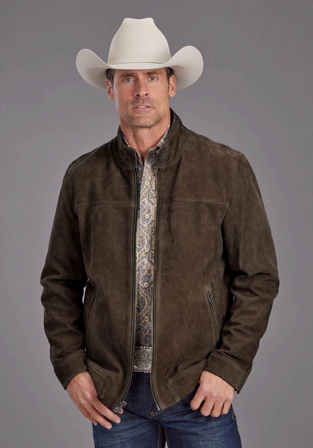 Stetson Mens Heavy Zip Brown Suede Leather Jacket Weatherproof Zipper Tech Water Repellent Coating