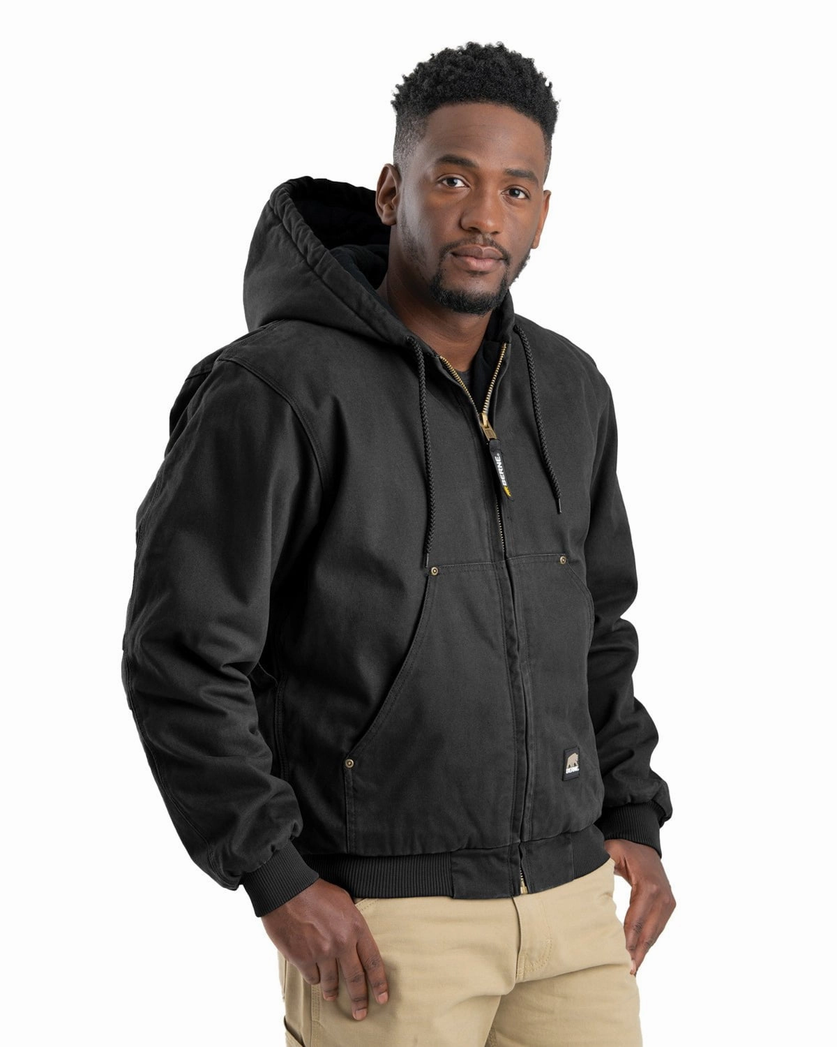 Berne Apparel Mens Heartland Washed Hooded Black 100% Cotton Chore Jacket Weekend Ready