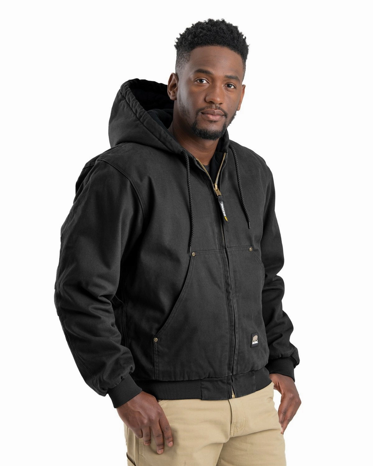 Berne Apparel Mens Heartland Washed Hooded Black 100% Cotton Chore Jacket Eco Friendly Textile DetachableLining
