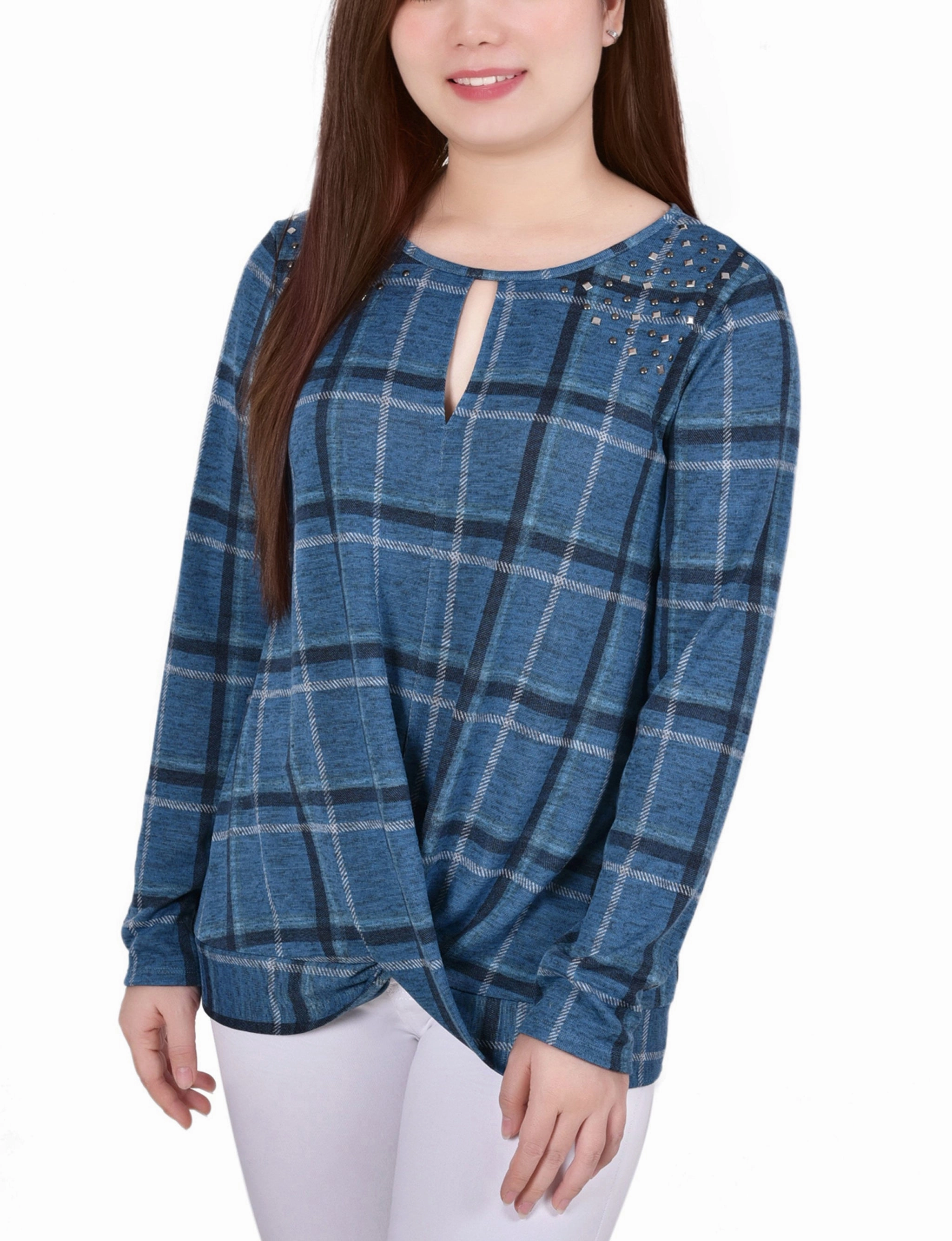 Durable Overlock Stitch Breathable Underarm Gussets Petite Long Sleeve Knit Keyhole Top With Studs