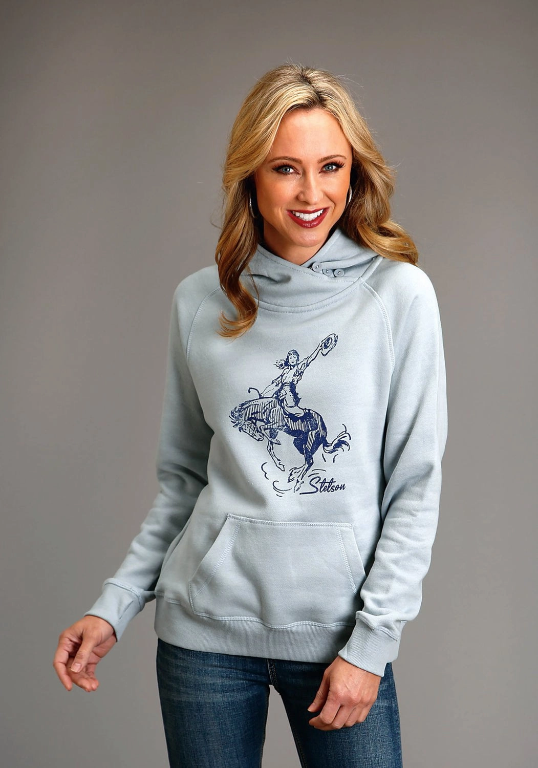Work Tough Laser Cut Airflow Vents Stetson Womens Bronc Rider Blue Fog Cotton Blend Hoodie