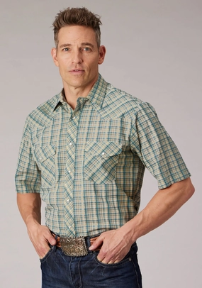 Distressed finish Roper Mens 2075 Plaid White/Cream Cotton Blend S/S Shirt