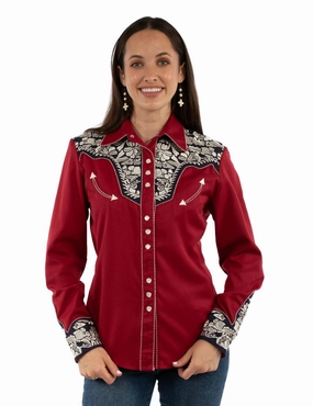 Scully Womens Floral Yoke Embroidery Red/White/Blue Poly/Rayon L/S Shirt Versatile Clothing Durable Stitching