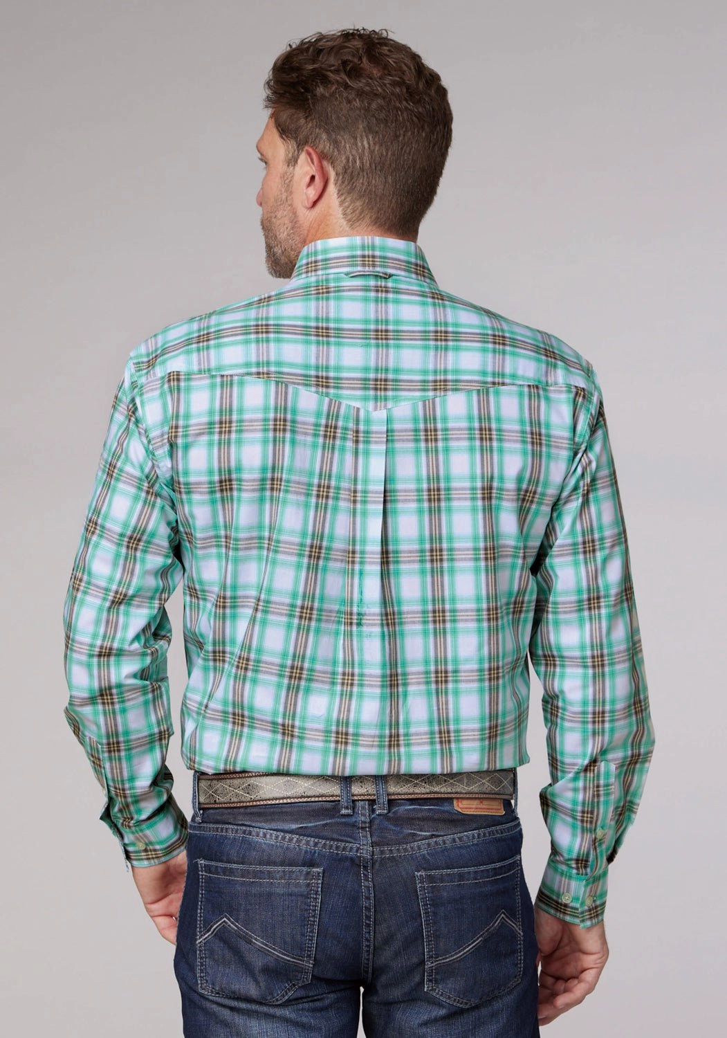 Twill Weave Roper Mens Cold Springs Plaid Green 100% Cotton 2 Pkts L/S Shirt