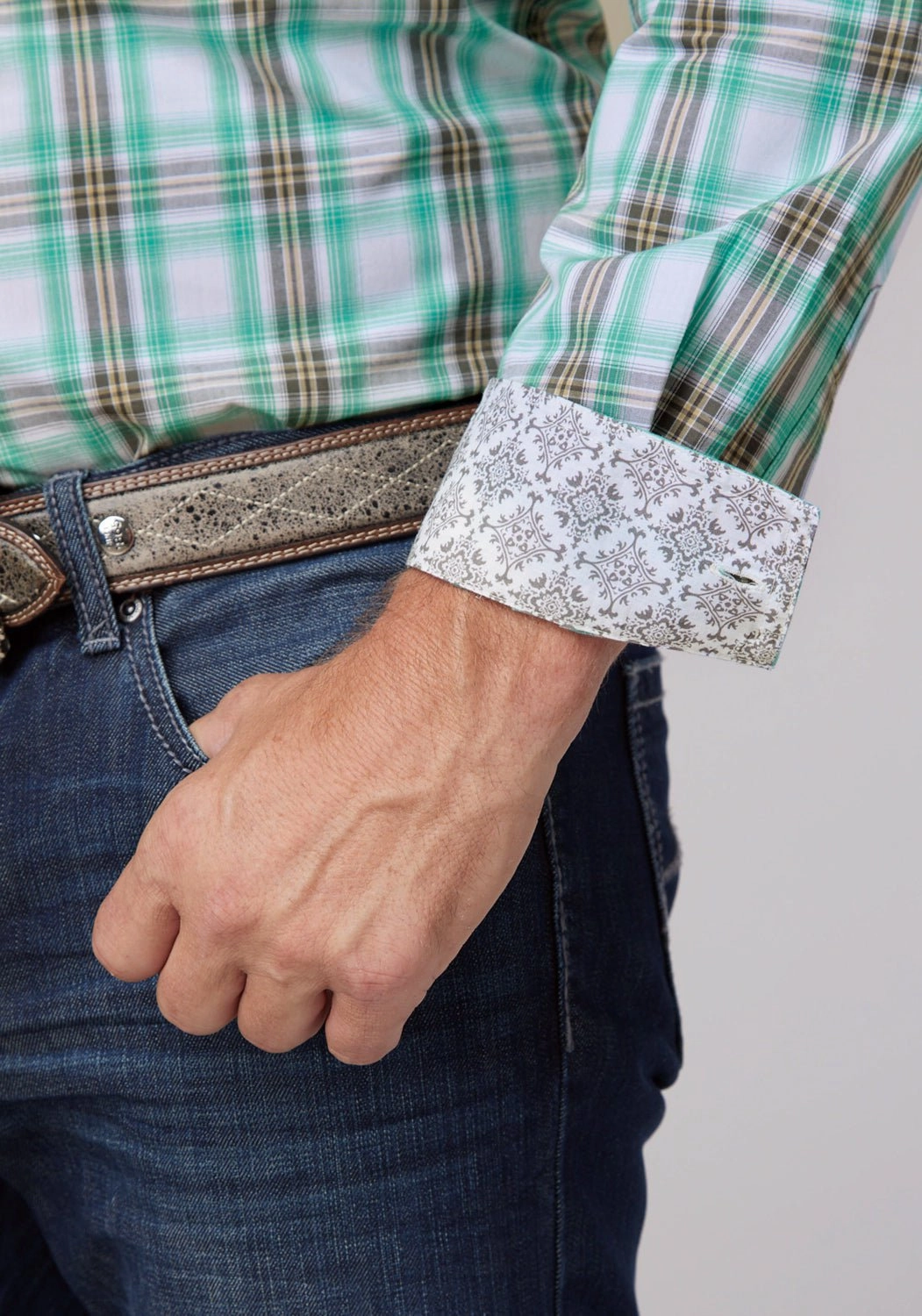 Roper Mens Cold Springs Plaid Green 100% Cotton 2 Pkts L/S Shirt Exclusive Collection