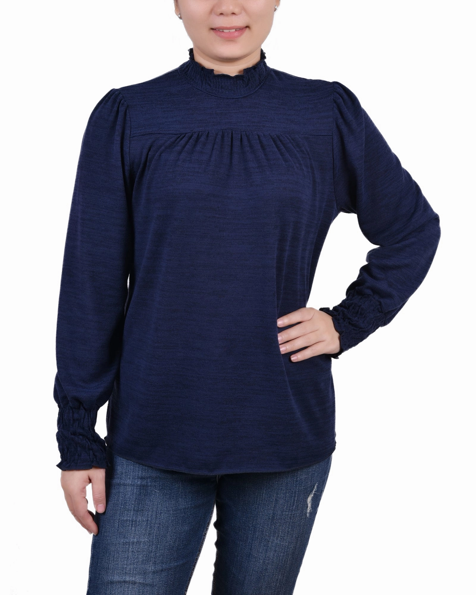 Petite Long Sleeve Top With Smocking Details Heat Regulating Fabric Double Needle Hemming