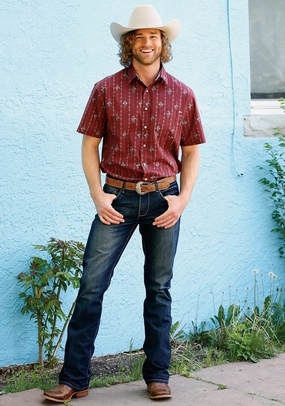 Tin Haul Mens Arrow Aztec Stripe Wine 100% Cotton S/S Shirt Asymmetrical Cut Unstructured Shoulder