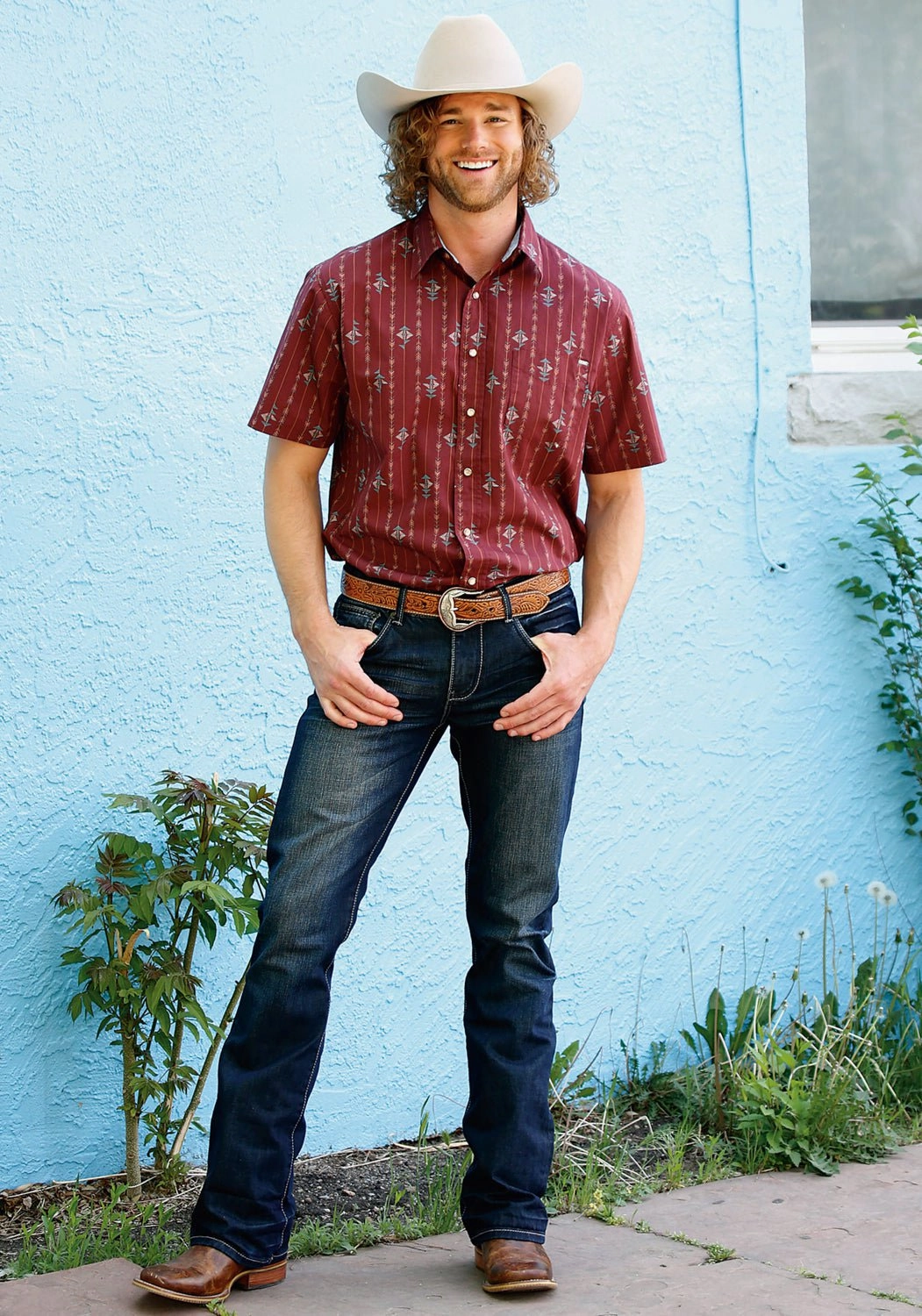 Tin Haul Mens Arrow Aztec Stripe Wine 100% Cotton S/S Shirt Asymmetrical Cut Unstructured Shoulder