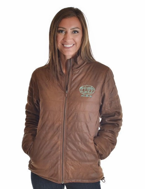 Cowgirl Tuff Womens Midweight Logo Brown Poly/Spandex Softshell Jacket Waterproof Zipper Closure Warm Lining