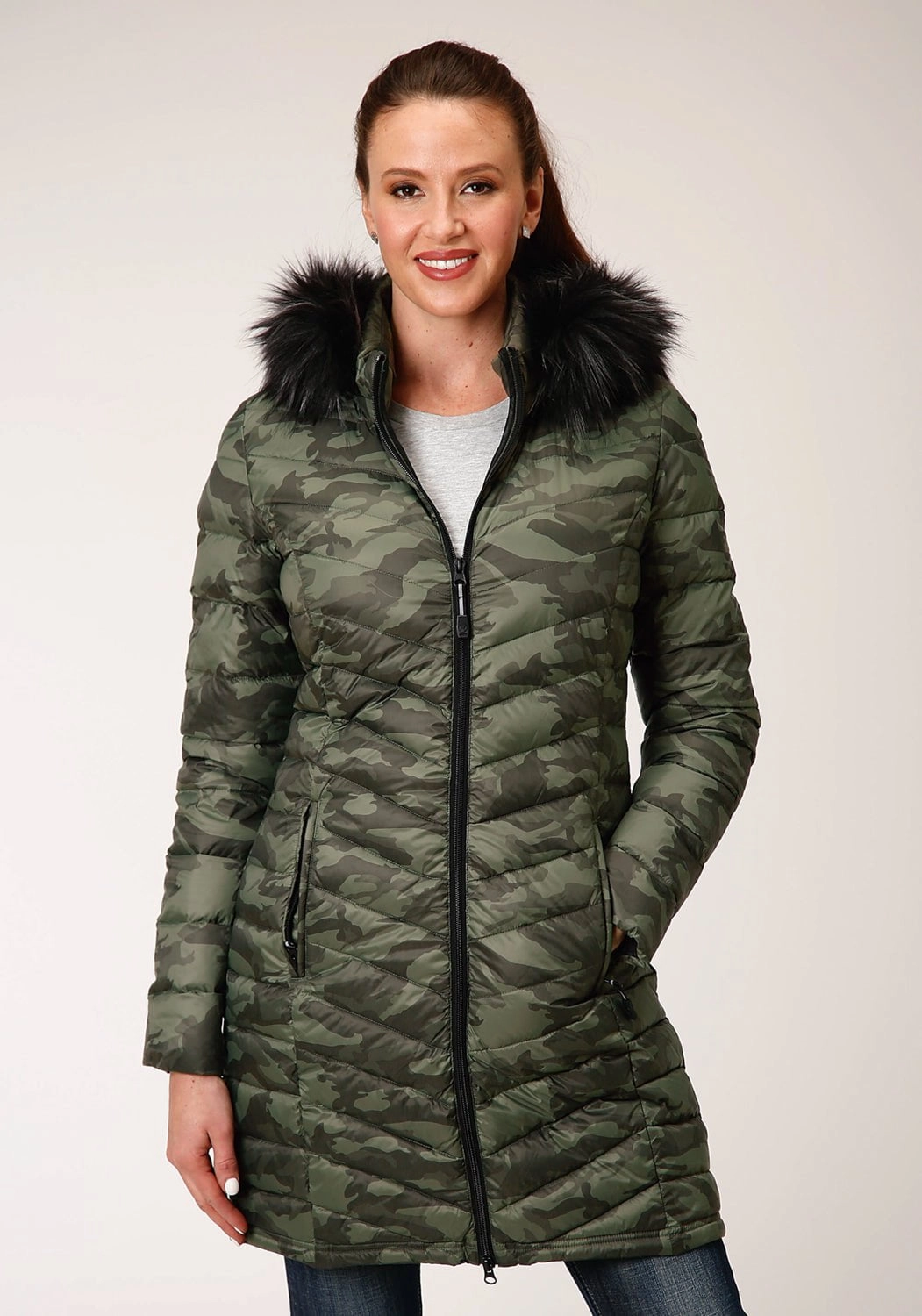 Roper Womens Camo Nylon Down Filled Fur Coat Easy Layering
