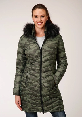 Roper Womens Camo Nylon Down Filled Fur Coat Easy Layering