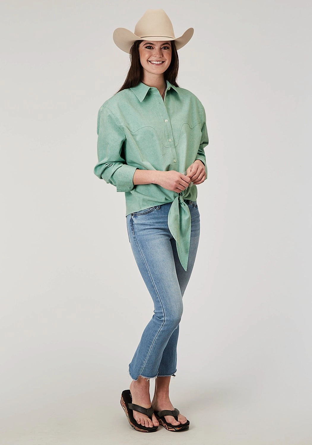 No Chafe Edging Comfort First Fit Roper Womens 2014 Denim Aqua 100% Cotton L/S Shirt