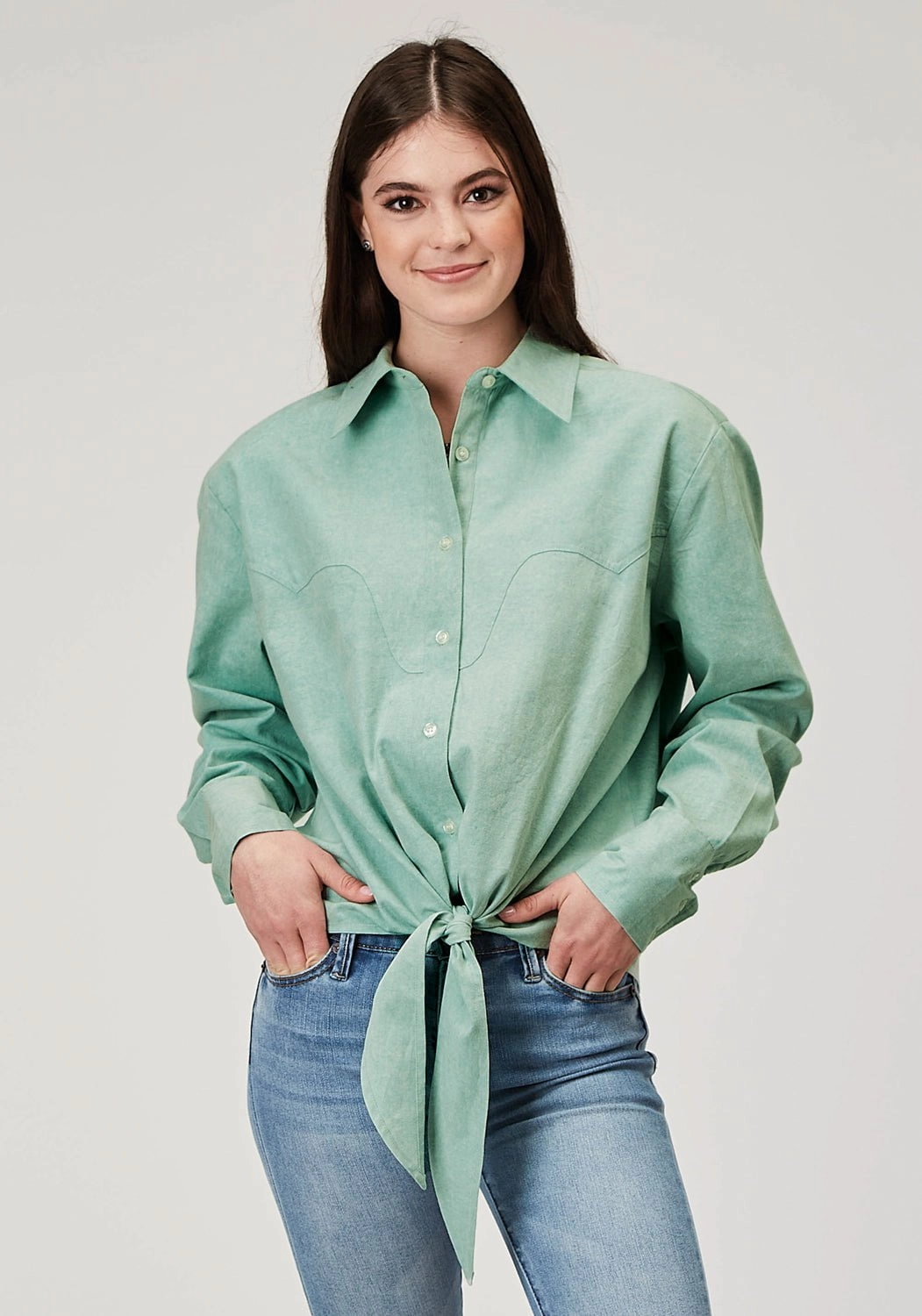 Roper Womens 2014 Denim Aqua 100% Cotton L/S Shirt UV Protective Coating Reinforced Side Vents