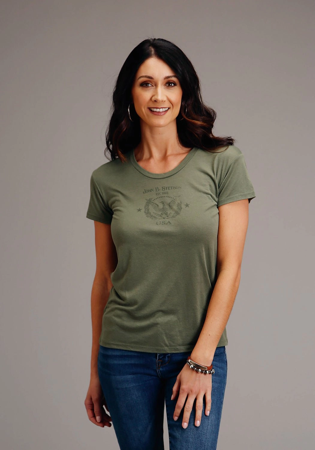 Trendy Look Clean Edge Trim Stetson Womens Army Green Poly/Rayon Eagle Crest S/S T-Shirt