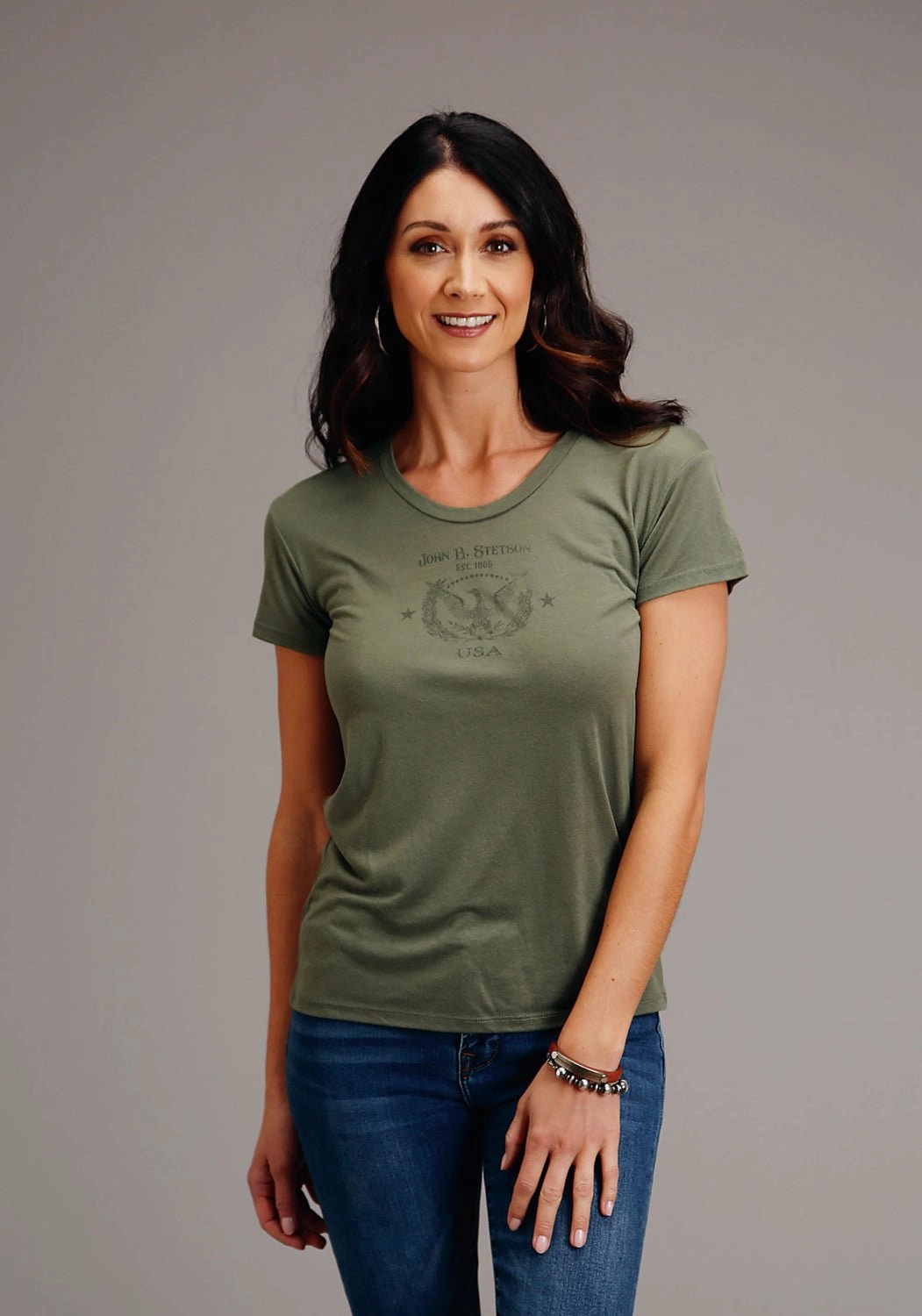 EasyCare Fabric No Slip Shoulder Grips Stetson Womens Army Green Poly/Rayon Eagle Crest S/S T-Shirt