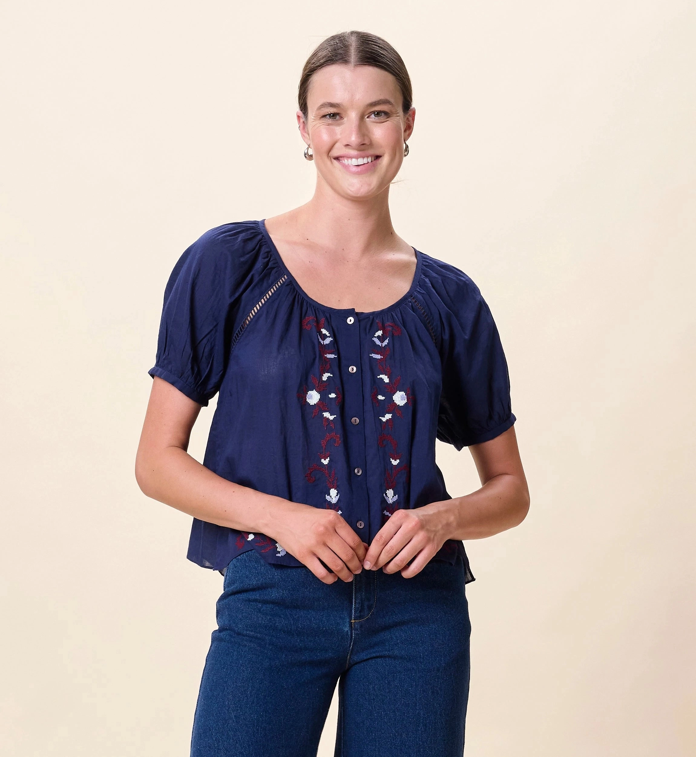 Adeline Blouse | Navy Durable Reinforced Elbows OdorControl