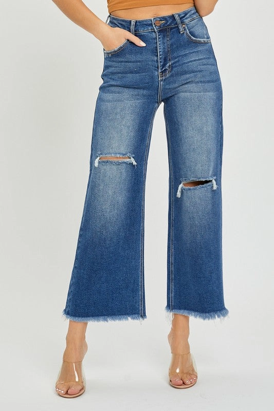 MARYN HIGH RISE FRAYED ANKLE WIDE JEANS Ever Versatile Zero Waste Pattern Design