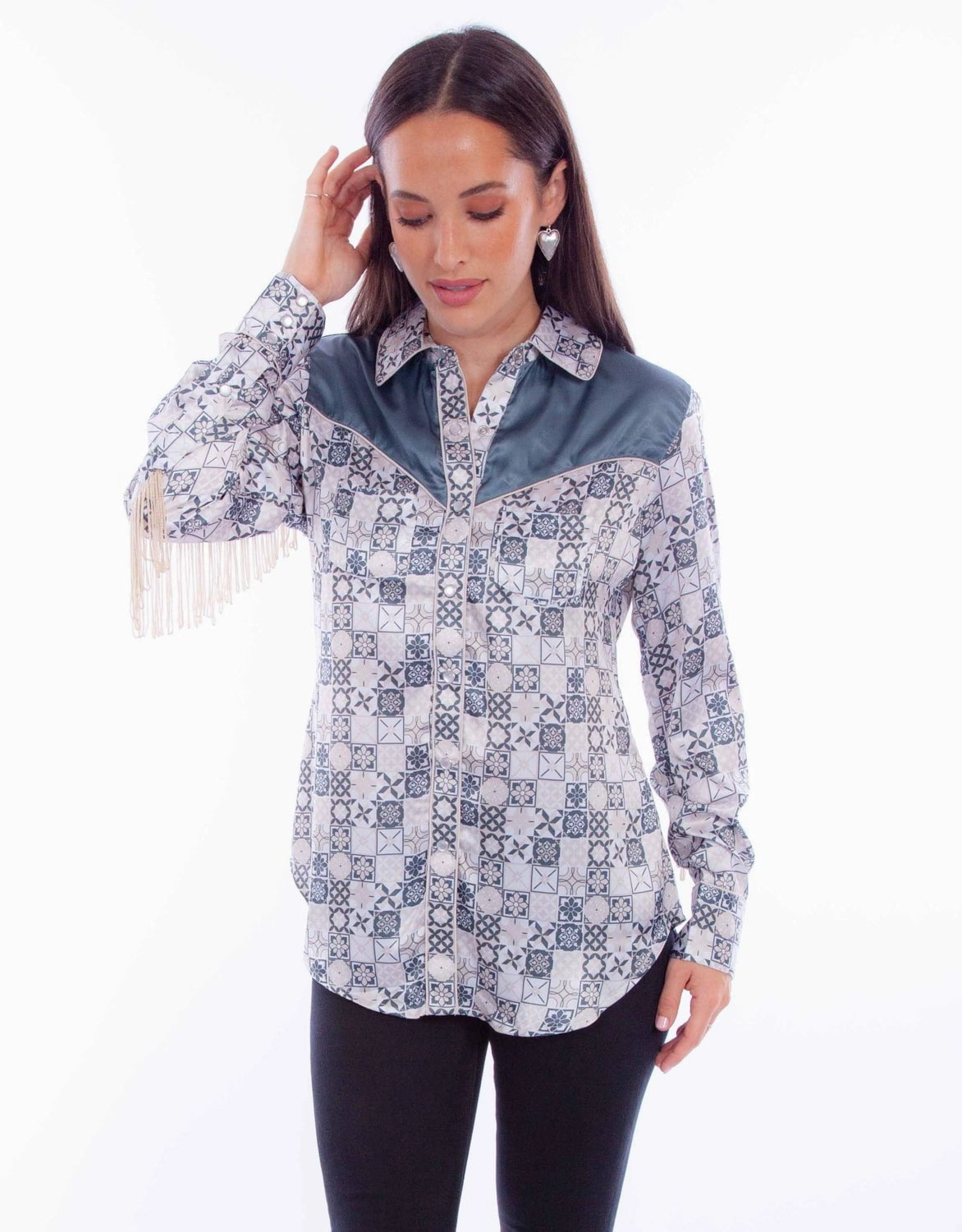 Scully Womens Contrast Yokes Ivory 100% Polyester L/S Blouse Flexible Material Edgy Fashion