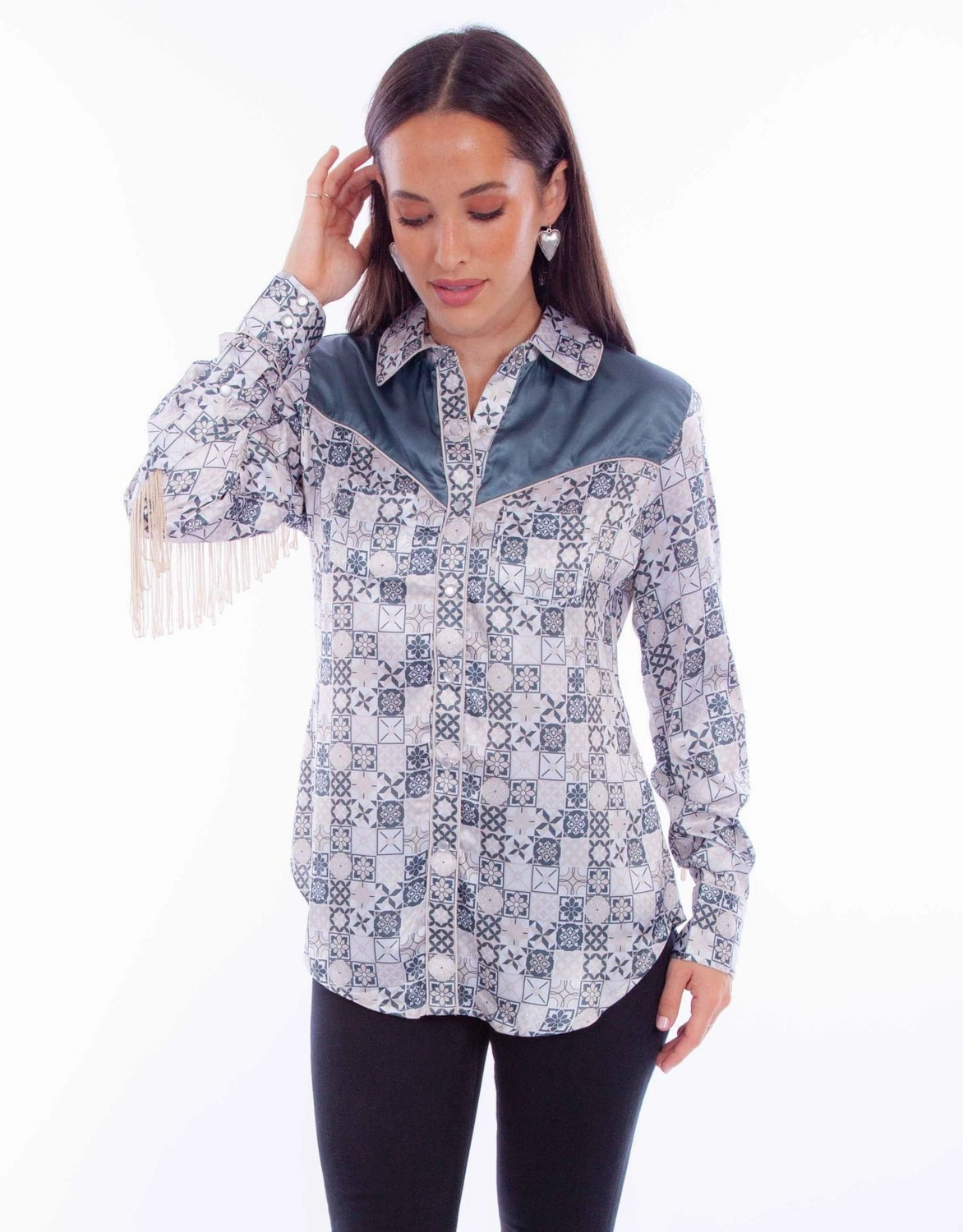 Durable Stitching Scully Womens Contrast Yokes Ivory 100% Polyester L/S Blouse