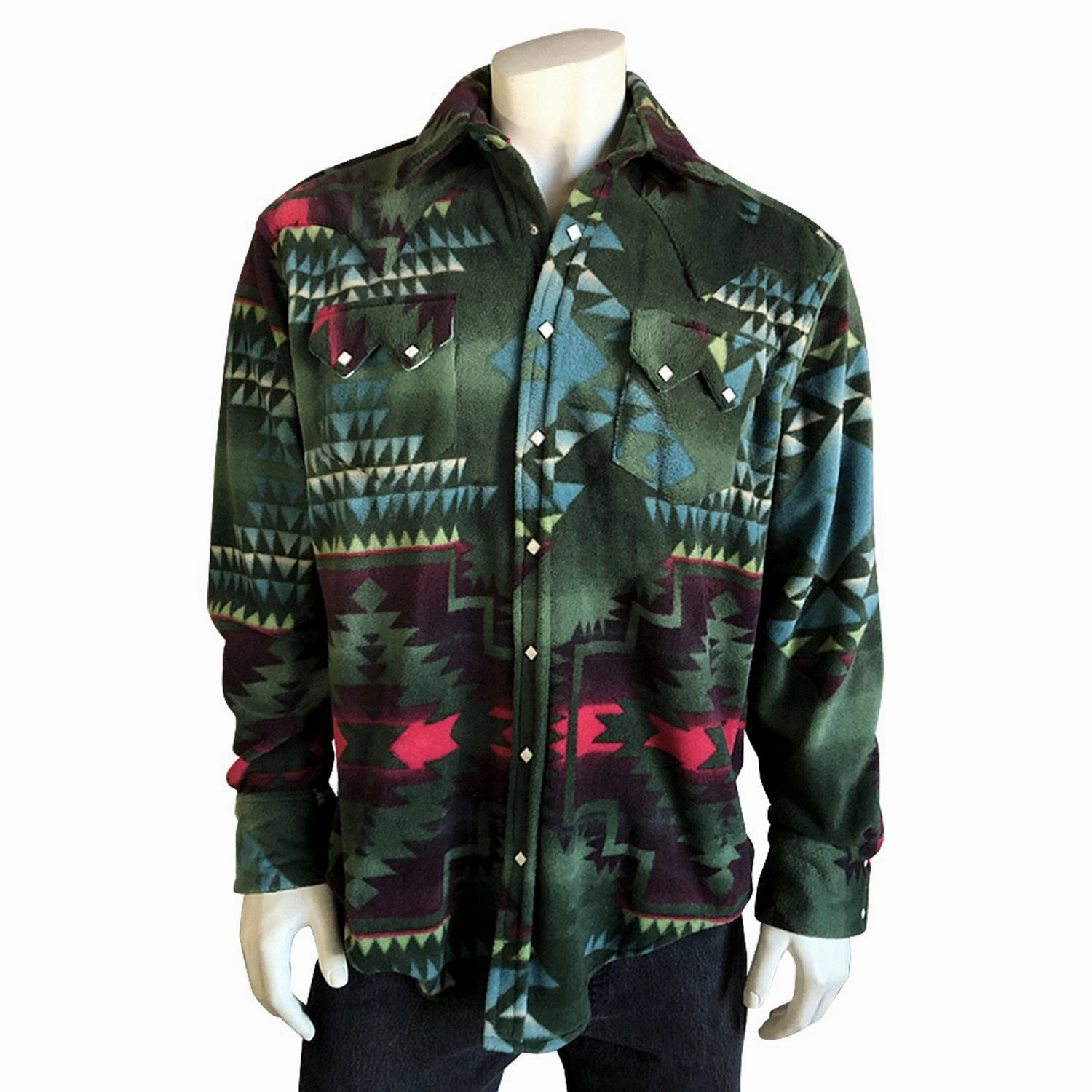 Rockmount Mens Green/Black Fleece Native Pattern Western L/S Shirt Checkered Style Casual Wear