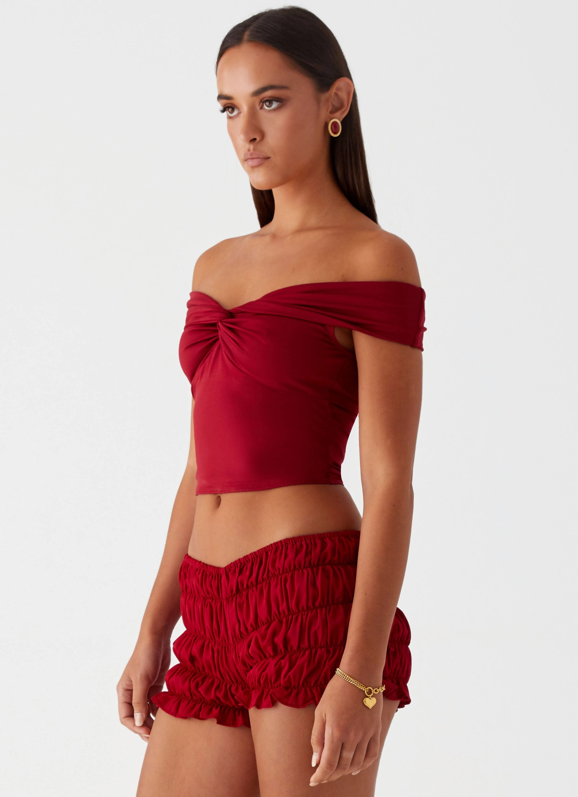 Trixie Twist Off Shoulder Top - Maroon Quick Dry Tech