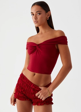 Reverseble Design Durable Stitch Pattern Trixie Twist Off Shoulder Top - Maroon