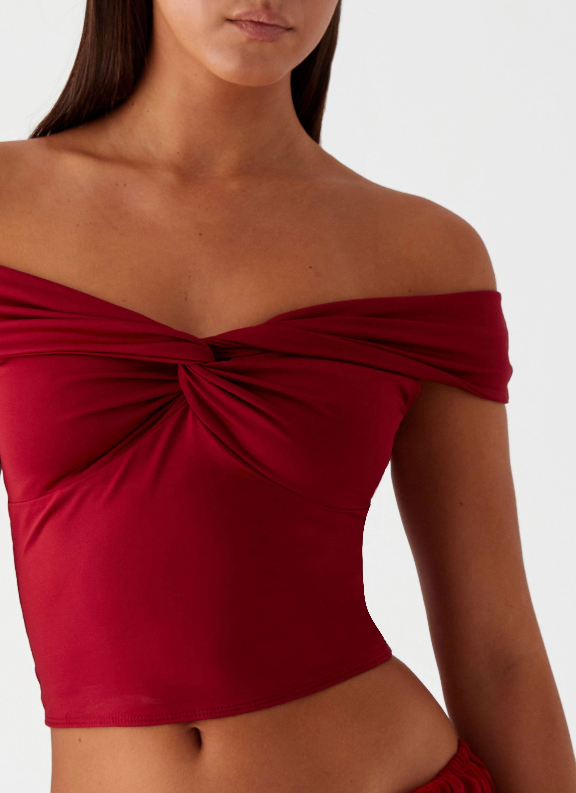 Trixie Twist Off Shoulder Top - Maroon Comfortable Collar DroppedShoulder