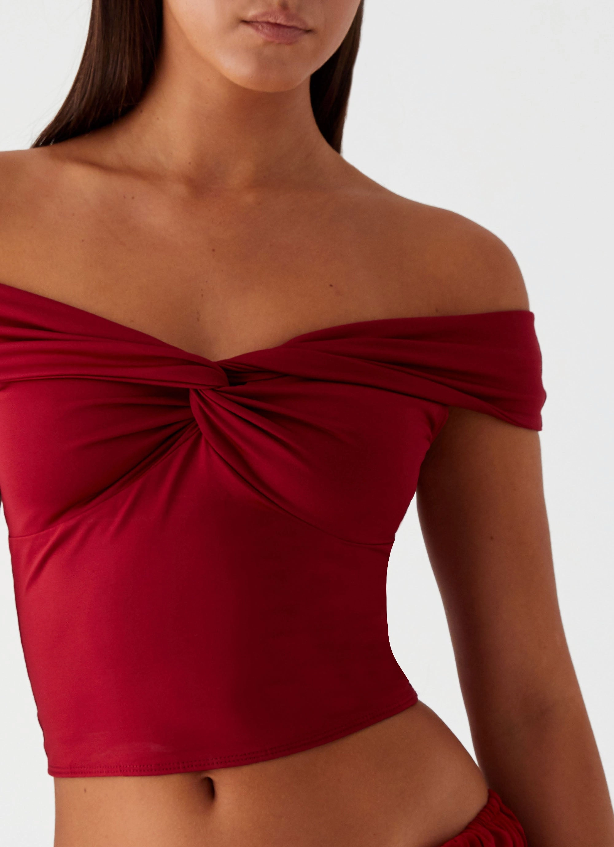 Reflective accents Trixie Twist Off Shoulder Top - Maroon
