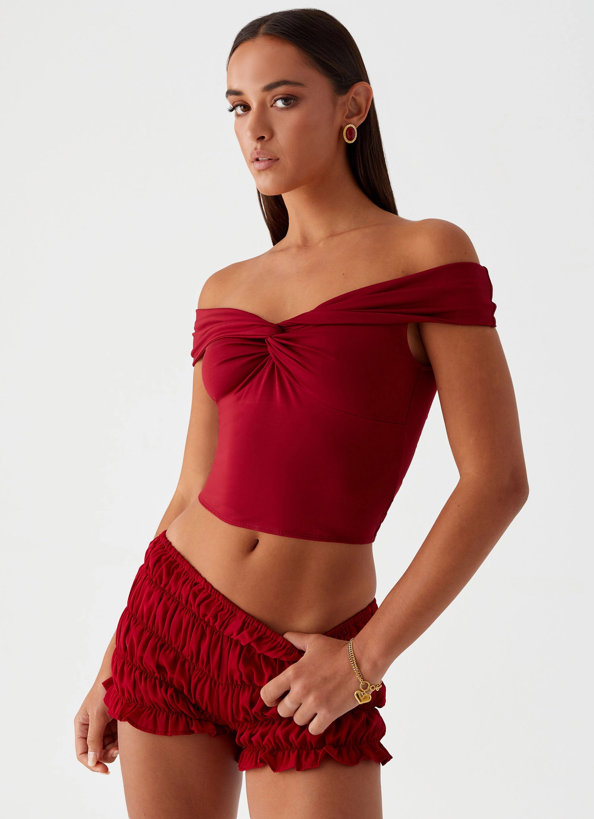 Reverseble Design Durable Stitch Pattern Trixie Twist Off Shoulder Top - Maroon