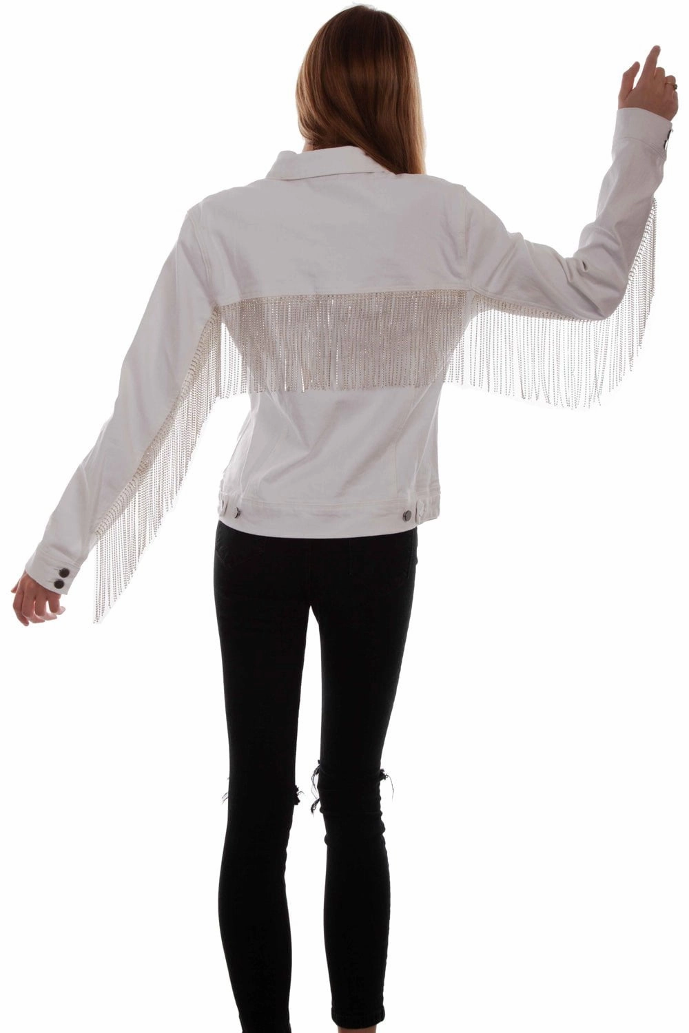 Scully Womens White Cotton Blend Rhinestone Fringe Jacket Moisture Wicking Inner