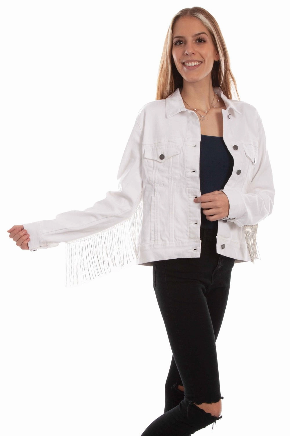 Hooded Versatile Design Scully Womens White Cotton Blend Rhinestone Fringe Jacket